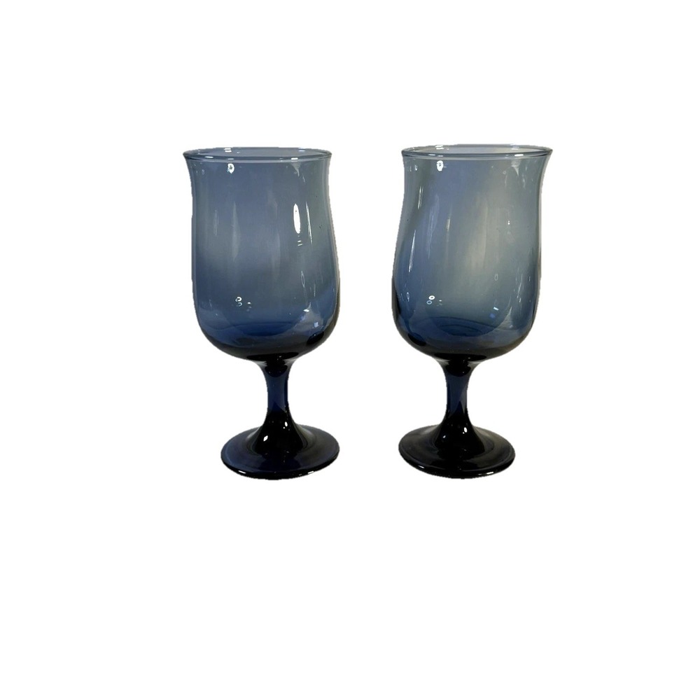 Set of 2 Blue Ombre Stemmed Wine Goblets Indigo Glass Modern Barware
